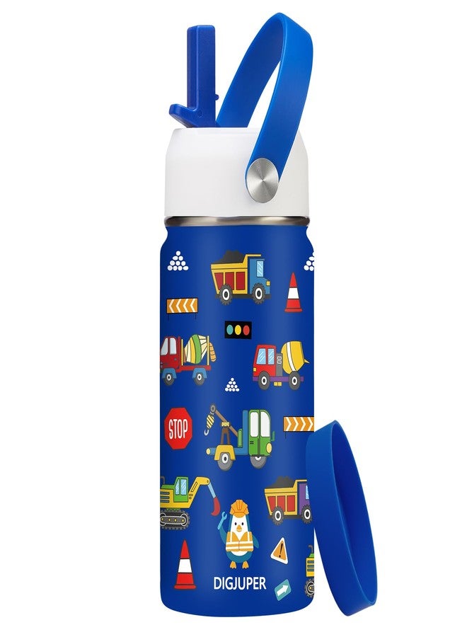 DIGJUPER Kids Insulated Water bottle for School - 12 oz Toddler Water Bottles with Straw, Leak-proof Stainless Steel Thermo Flask, Boys & Girls Tumbler Travel Mug w/Protective Cup Mat, Blue Construction Car - Image 1